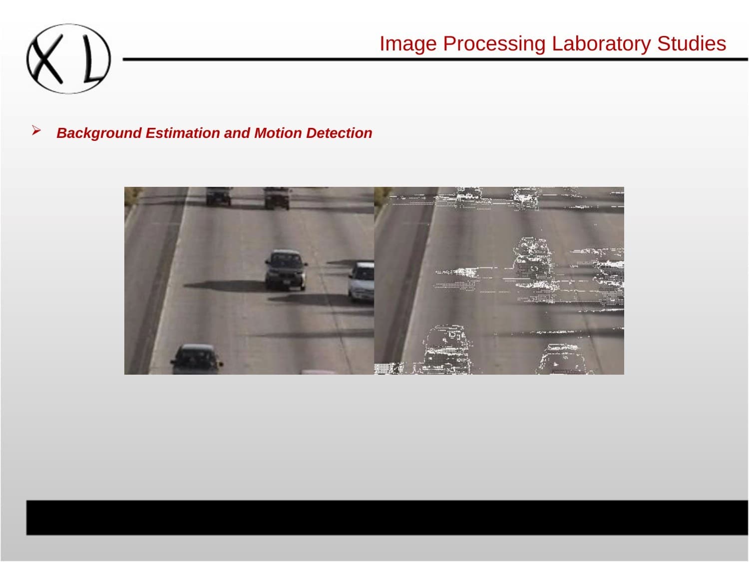 Arşiv: XLight "High Security Products" sunumu, 8. slayt — "Image Processing Laboratory Studies: Background Estimation and Motion Detection" (sunum tarihi belgelenmemiş)
